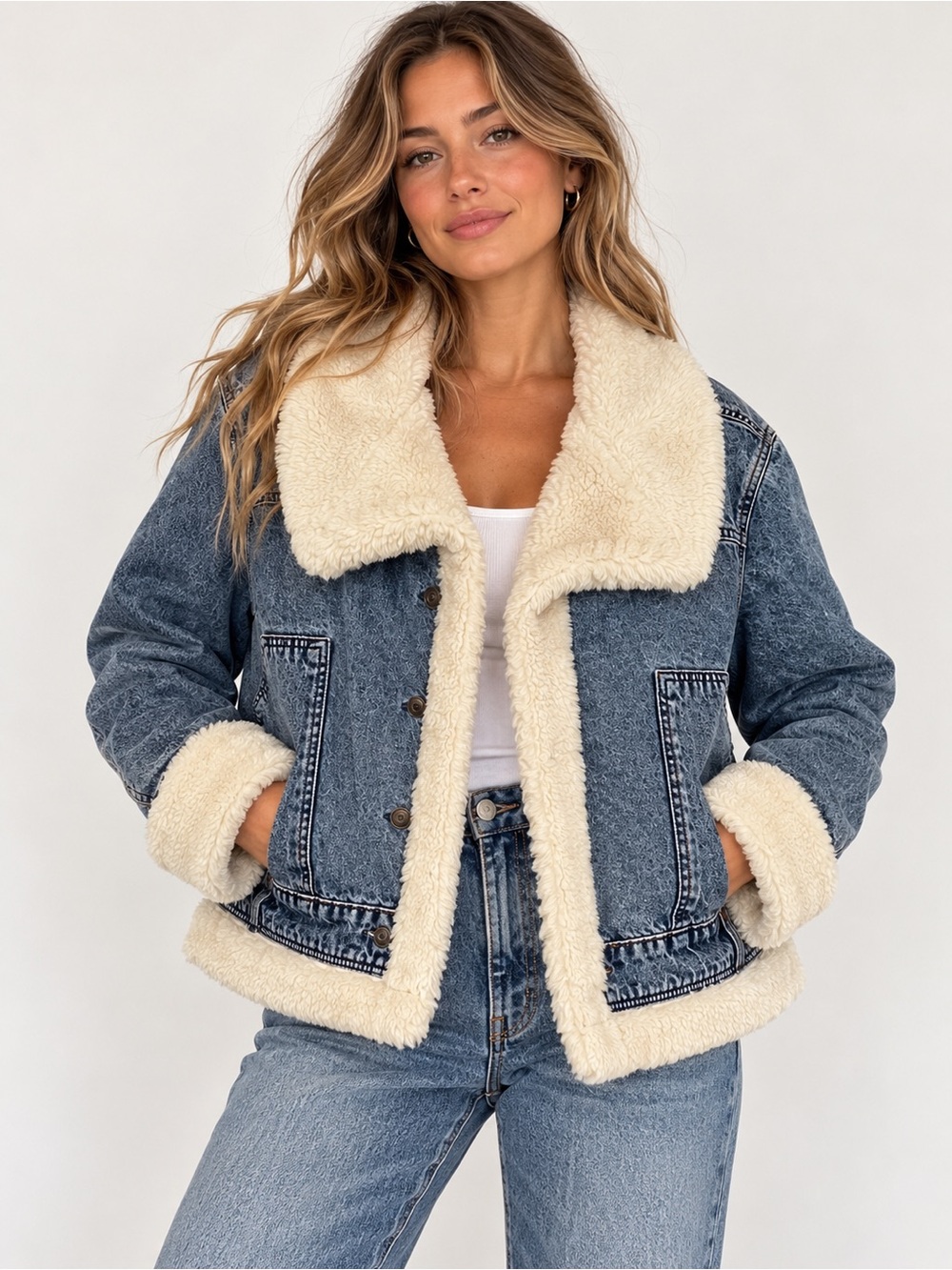 Blue Denim Jean Jacket Penny Lane Cream Sherpa Trim Celebrity Pink XXXL